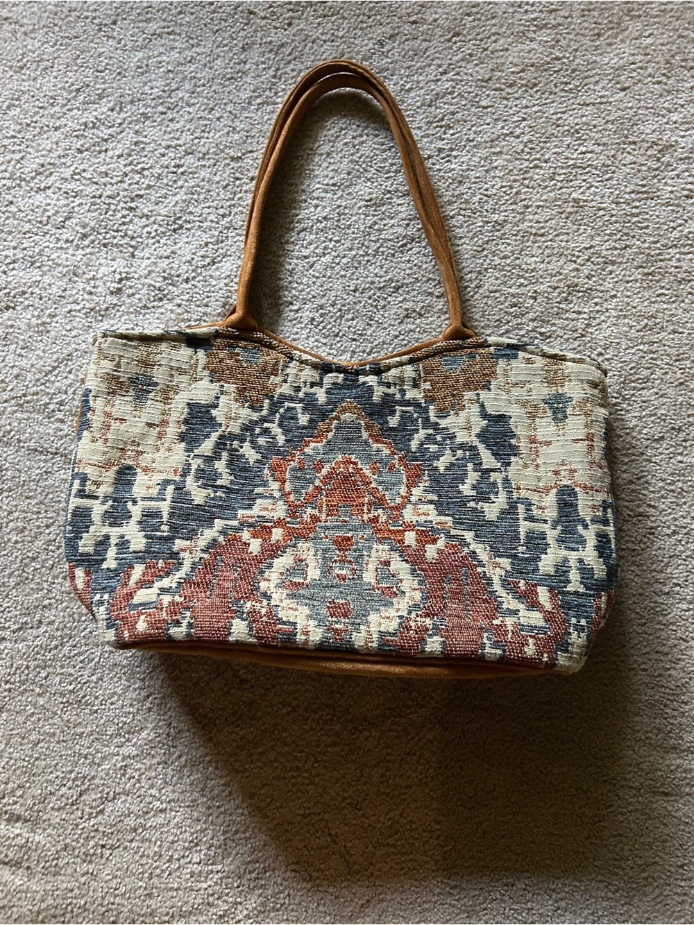 Woven Tapestry Tote Bag in Rust, Navy & Cream